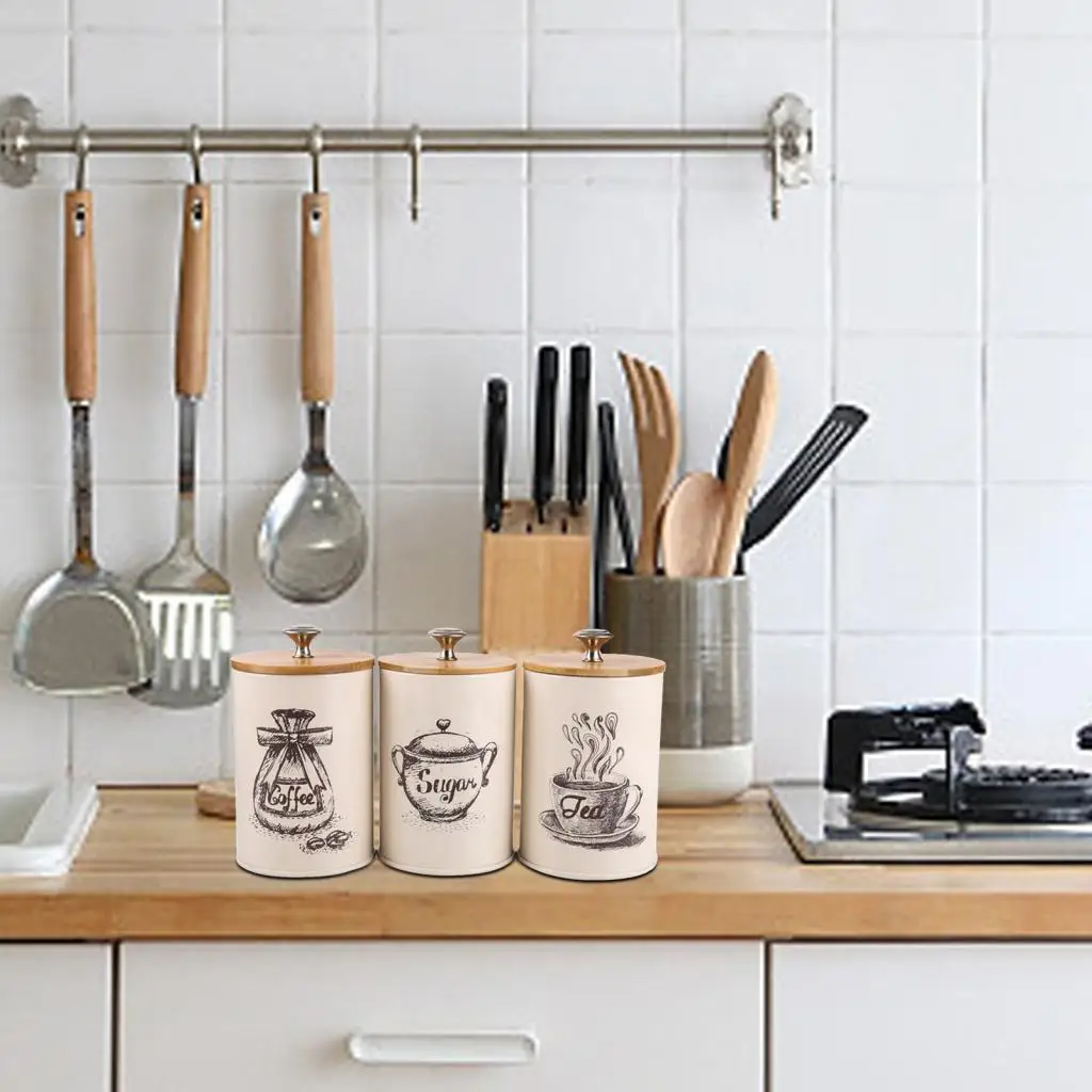 3Pcs/Set Retro Home Tea Time Kitchen Coffee Tea Sugar Container Jars Tin Metal Jar for Office Home Restaurant Tea Room Storage 1