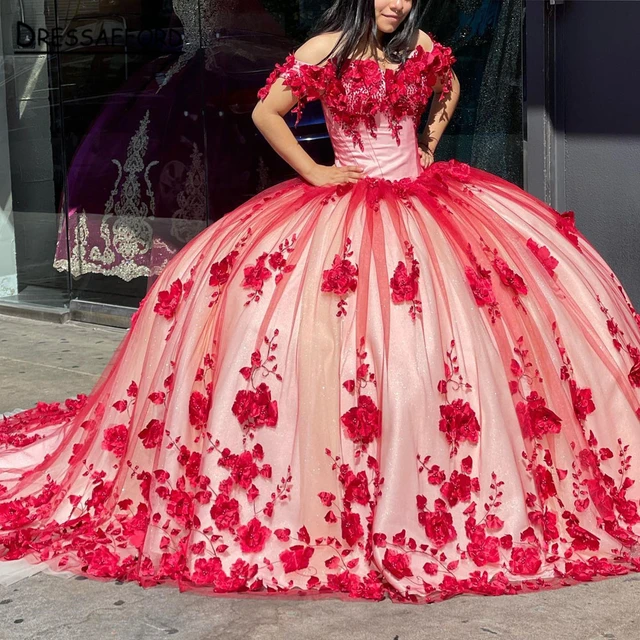 Stunning Fairy Pink Flowers Ball Gown Formal Dress With Long Train  Wholesale #T69041 - GemGrace.com