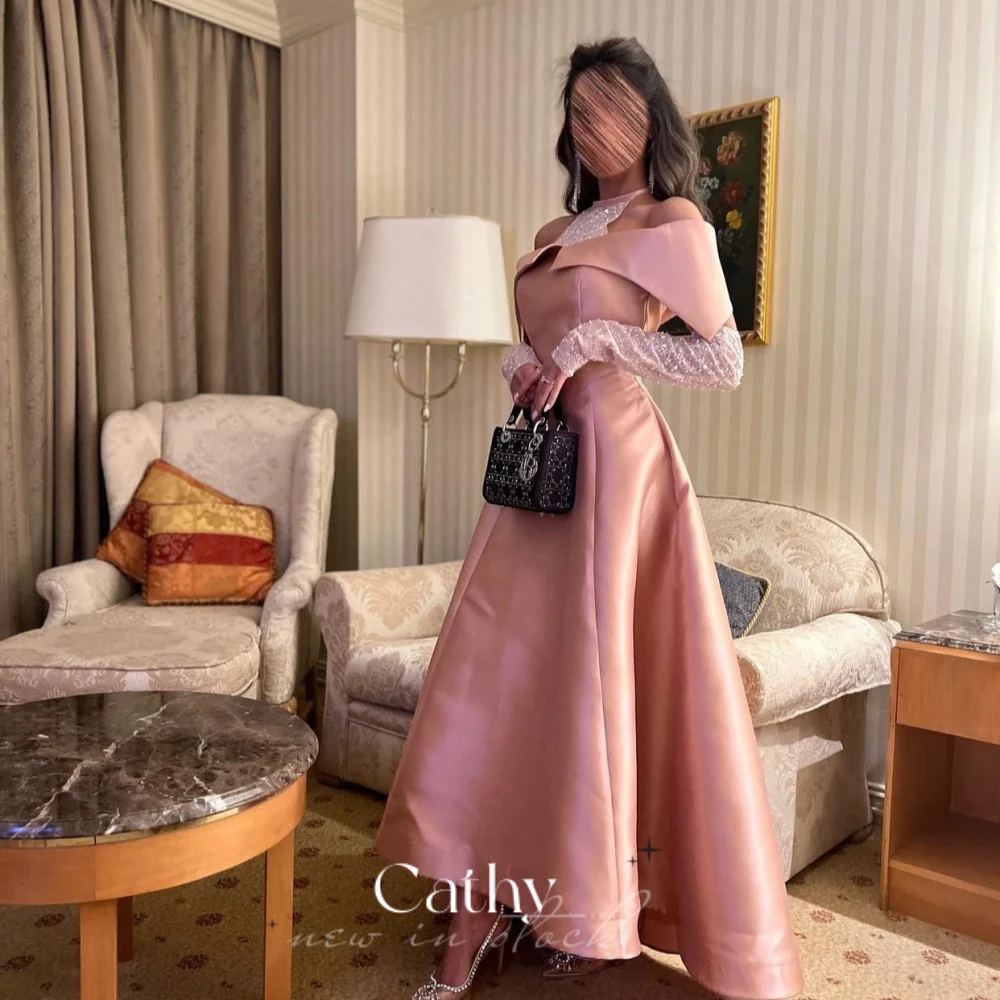 

Cathy Glitter Halter Neck فستان سهرة Long Sleeve A-line Prom Dress Pink Satin Party Dress Sexy Off Shoulder Evening Dress