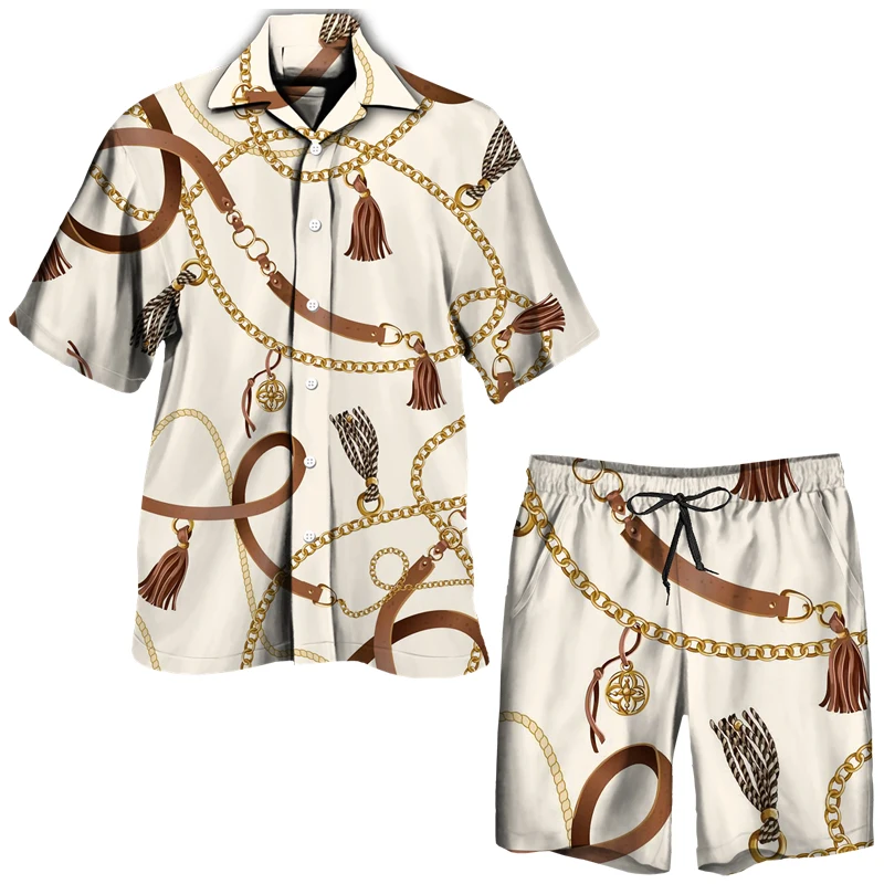 Trend Men Hawaiian Sets Luxury Chain 3D Print Short Sleeve Lapel Buttoned Shirt&Beach Shorts Suit Casual Male Streetwear Outfits