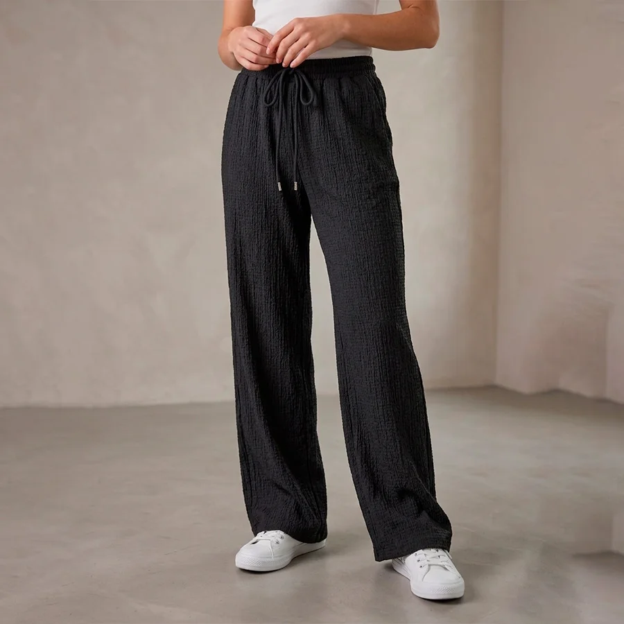 Pantalón Palazzo Texturizado de Pierna Ancha con Cordón Ajustable
