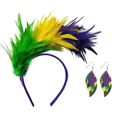 Mardi Gras Feather Headband 1920 Feather Fascinator Headband Parrot Headband+earrings Party Costume Women Accessories