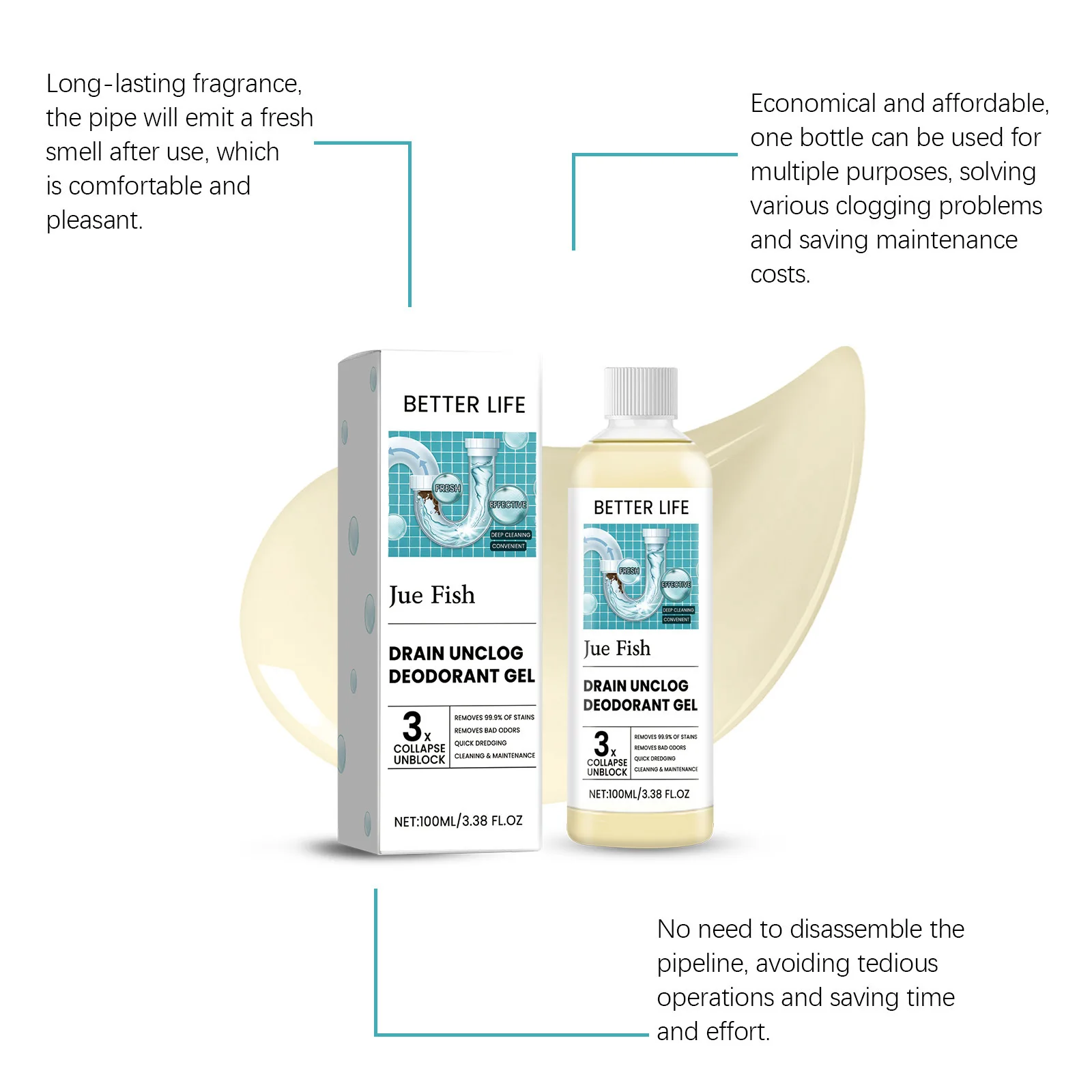 Jue-Fish 100ml Pipe Dredge Agent Cleaner Drainage Pipe Cleaning Unclog Deodorant Bathroom Sewer Pipeline Drain Cleaning Solution