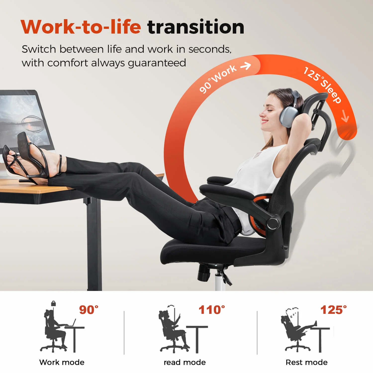 Comhoma Office Chair Ergonomic Desk Chair with Flip-Up Armrests, 3D Headrest Executive Desk Chair Comfy 5