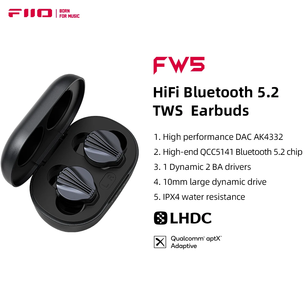 FiiO-FW5 TWS 블루투스 5.2 이어폰, 트루 와이어리스 이어 버드 10mm 다이나믹 드라이버 이어폰 LHDC, aptX 적응형