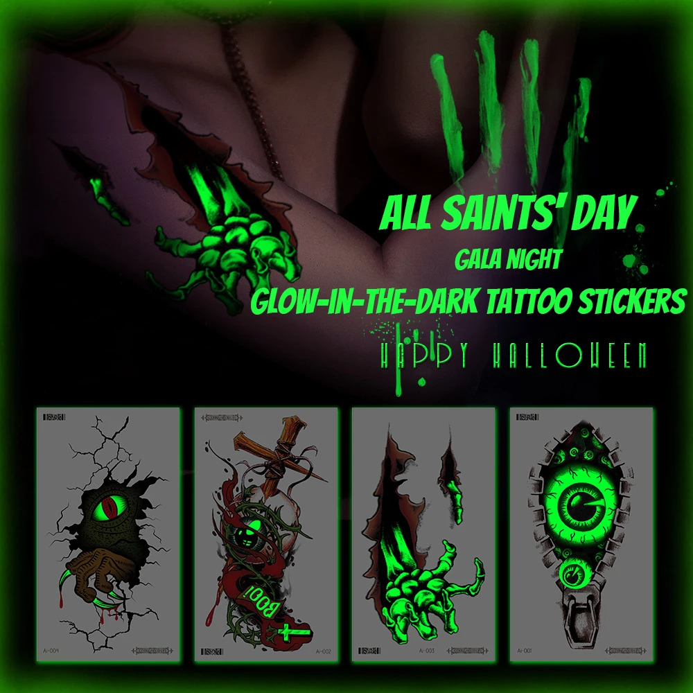 Tatouages Lumineux D'Halloween - Lot De 12, Fluorescents Vert, Résistants à L'Eau