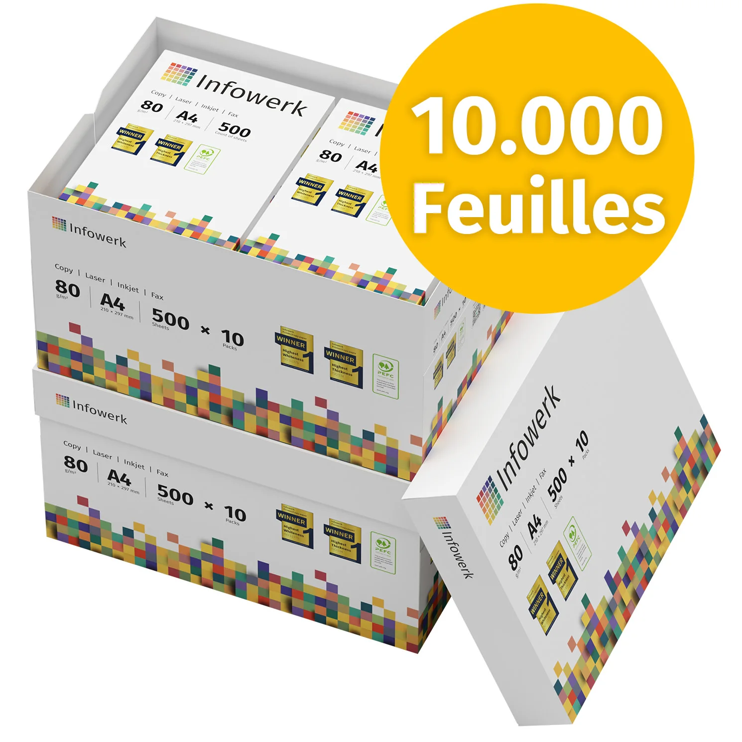 Infowerk Papier A4 pour Imprimante 10000 Feuilles (20 x 500) – Papier Blanc Premium 80 g/m² Certifié PEFC