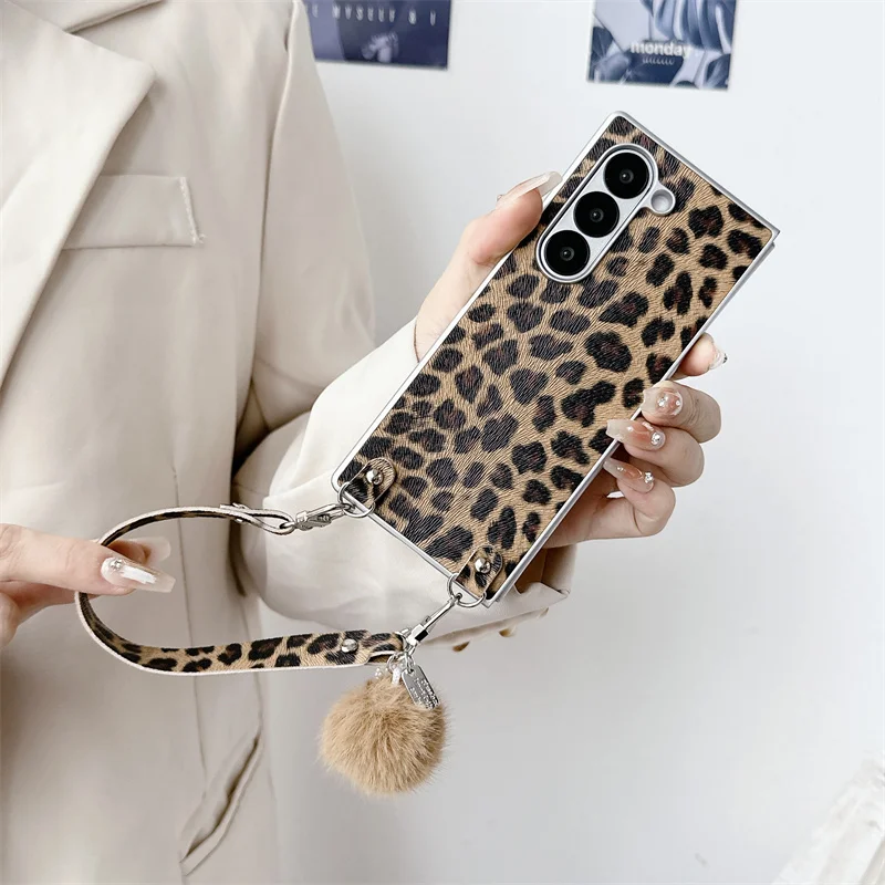 Fashion Leopard Print Folding Phone Case with Chain - Hard PC Cover