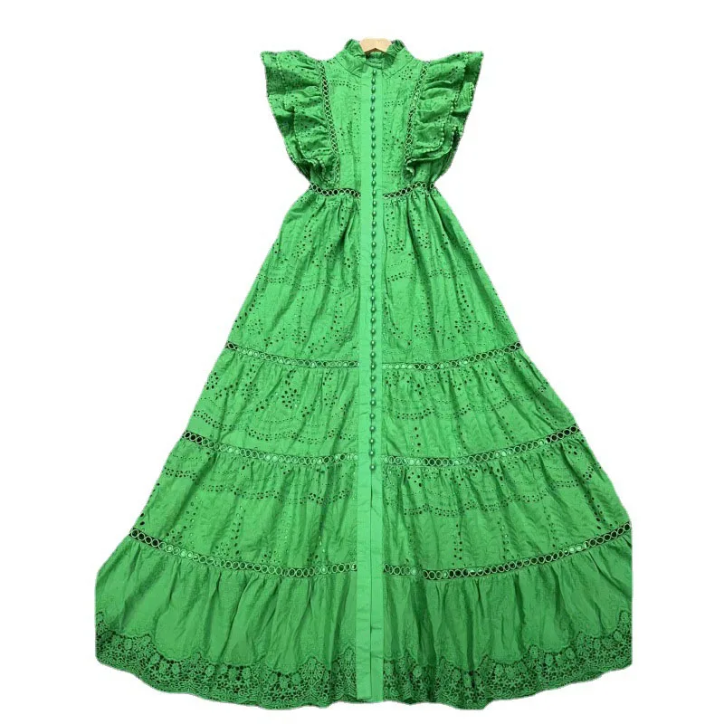 Hollow Out Stitching Fly Sleeve Single Breasted Split Tall Goddess Holiday Birthday Party Dress