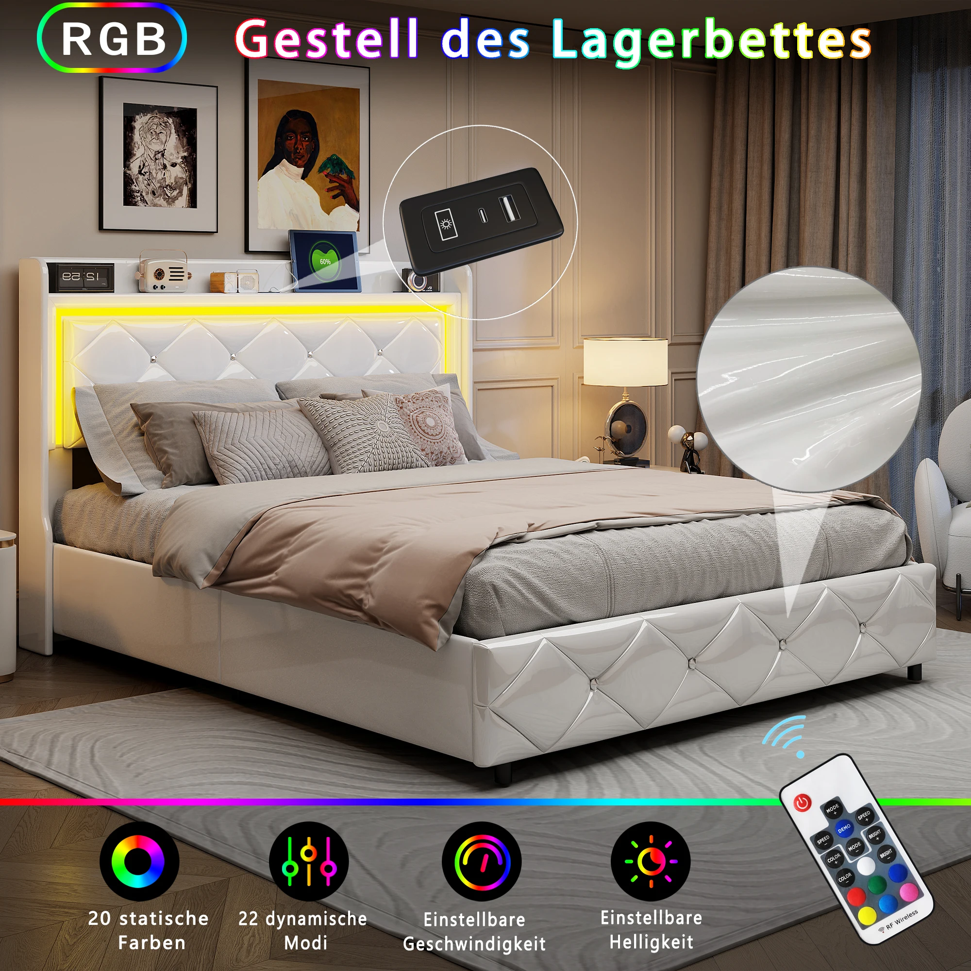 Anajqaqia 140x200cm Polsterbett, Erwachsenenbett, Hydraulisches Bett mit Stauraum, mit LED-Beleuchtung und USB-Ladefunktion, PU, Weiß – Detail 10