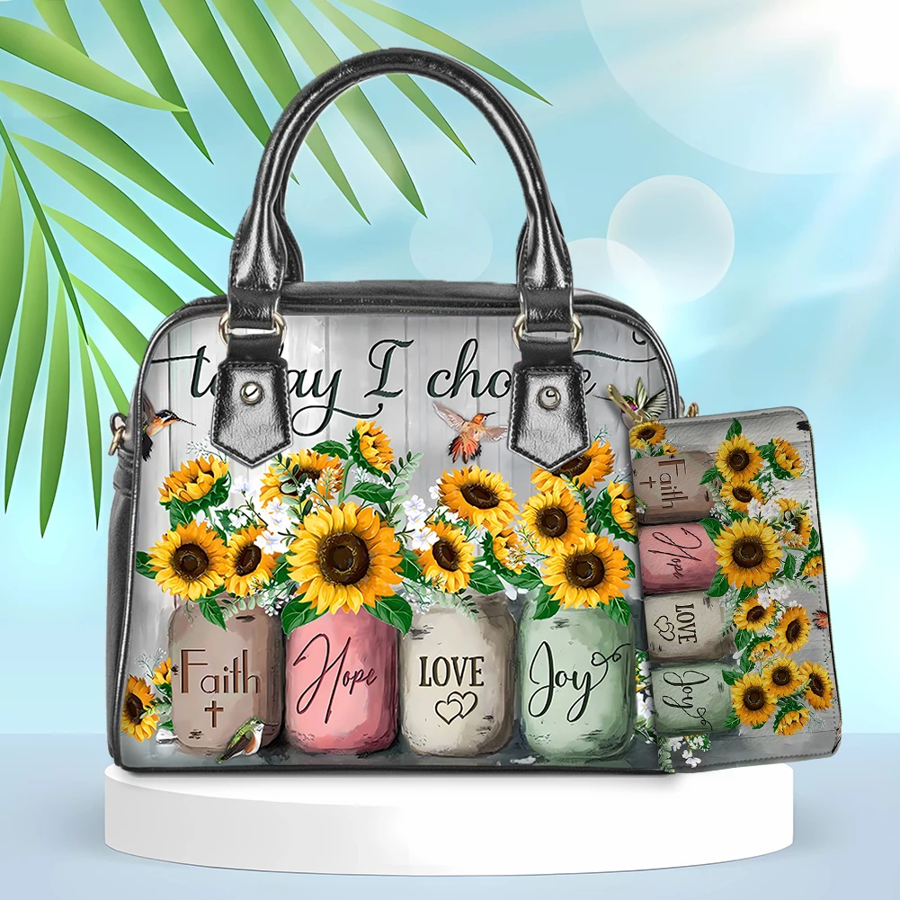 

Jackherelook Women's Tote Handbag Set With Wallet Faith Hope Love Joy Sunflower Vase Print Female Handle Shoulder Bag Sac a main