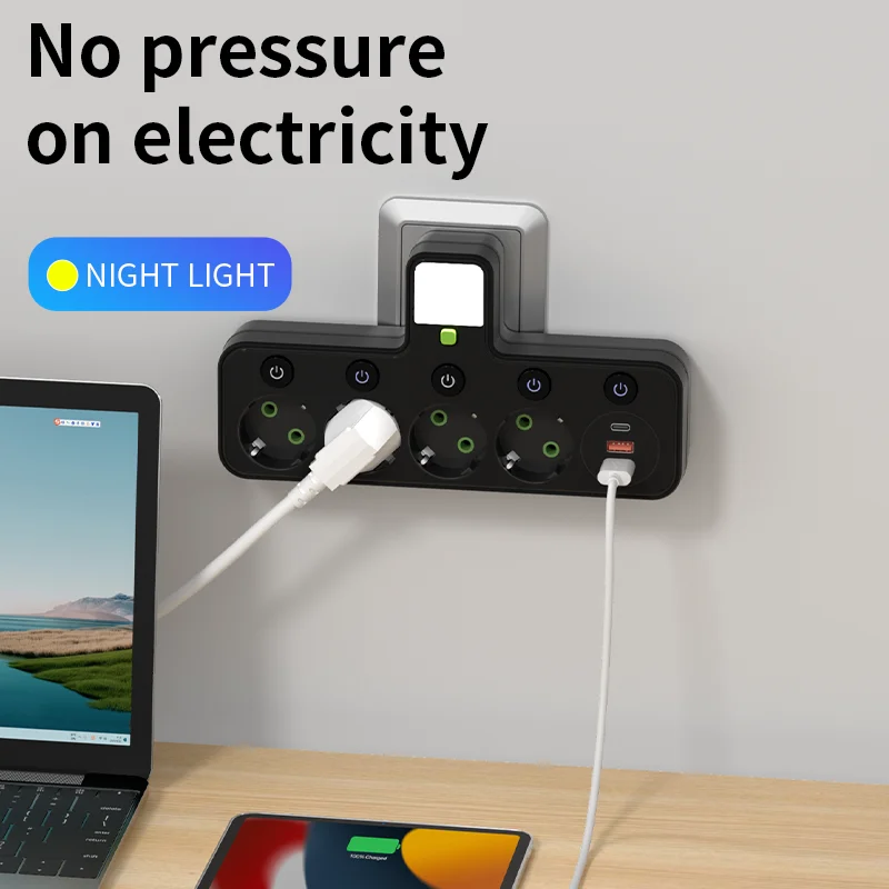 รูปสินค้า เต้ารับผนัง 4 ช่อง พอร์ต USB + Type-C ปลั๊ก EU สวิตช์ไฟ