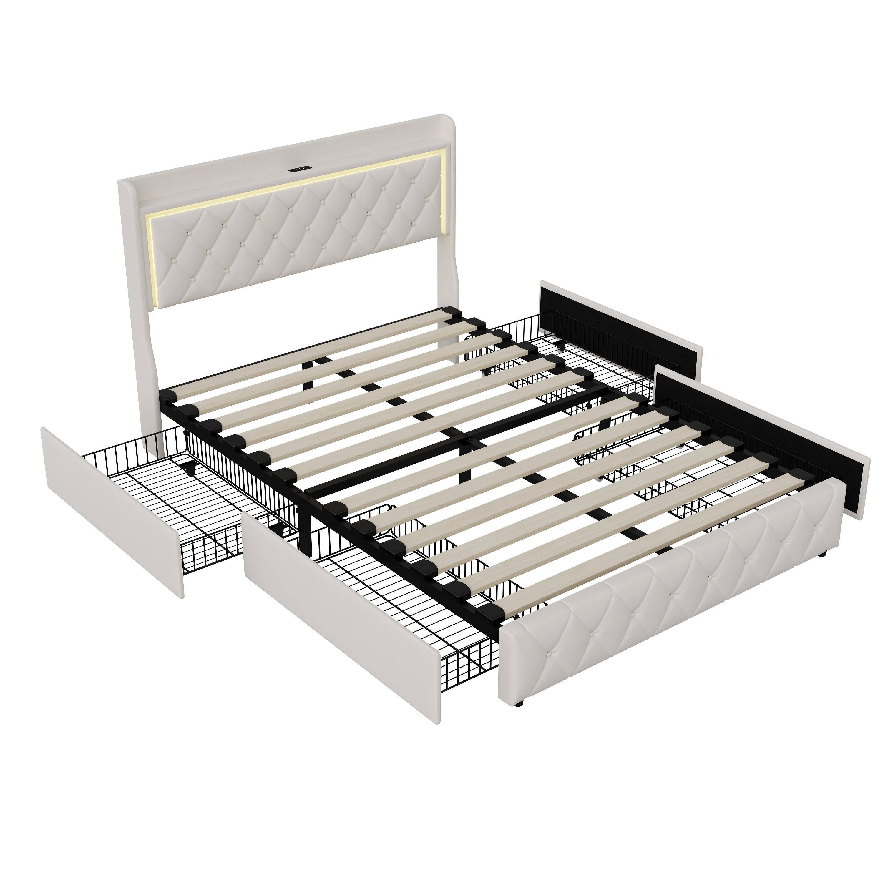 Anajqaqia Doppelbett mit 4 Schubladen, gepolstertes Bett mit Stauraum, LED-Bettrahmen mit USB-Aufladung, gepolstertes weiches Veloursbett – Detail 5