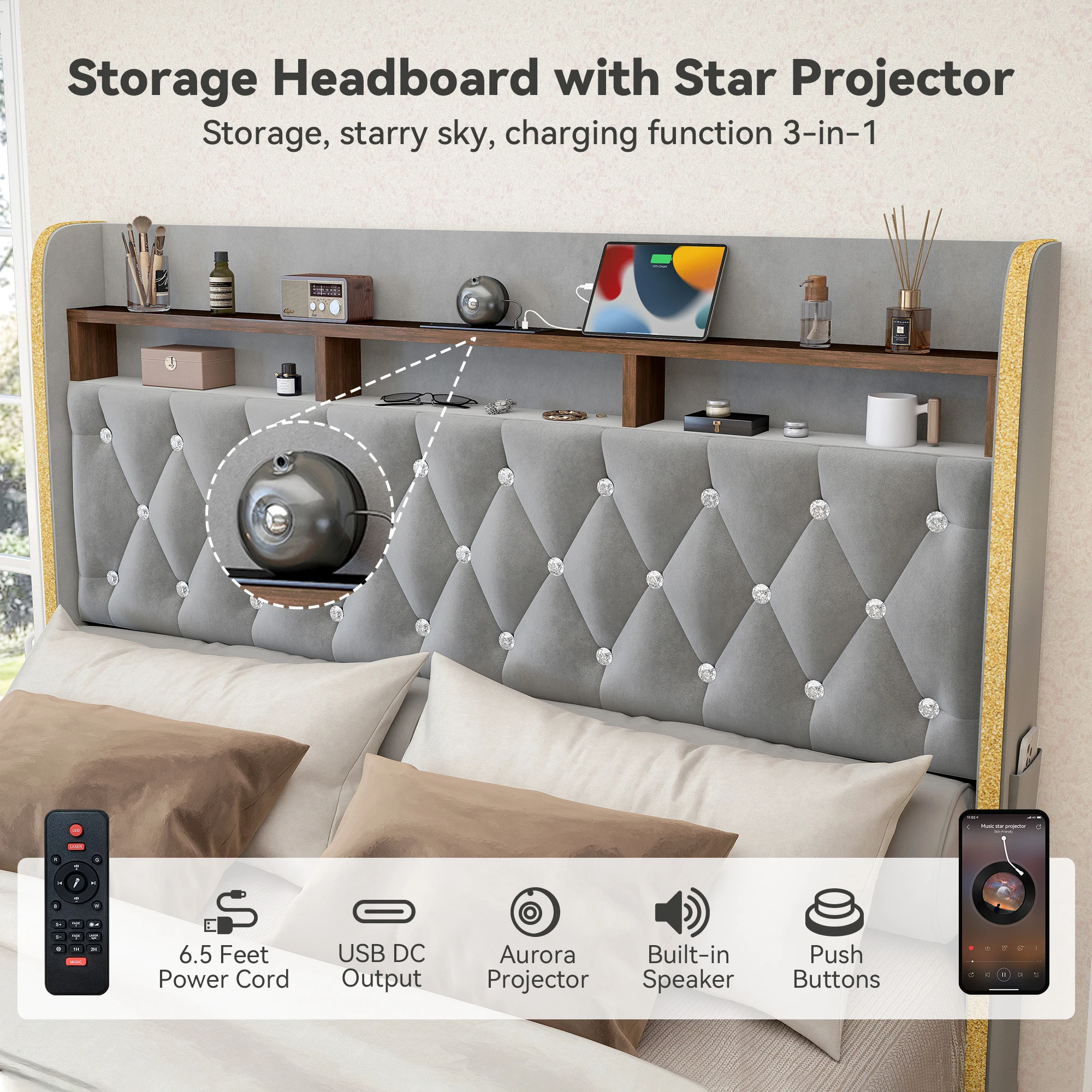 LED Bed Frame with Storage Drawers, Star Projector, Charging Station & Speaker 3