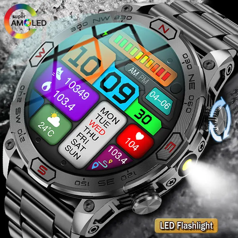 2024 Nuove Luci A Led Bussola Smart Watch Sport Fitness Impermeabile Bluetooth Chiamata Full Touch Screen Outdoor Military Smartwatch
