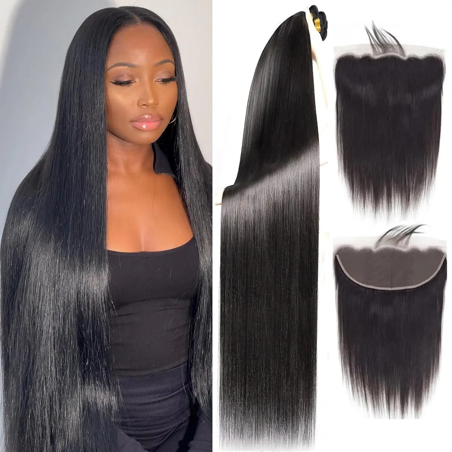 

Bundles with Frontal 100% Straight Human Hair 3 Bundles with 13x4 HD Lace Frontal Closure Brazilian Virgin Human Hair Natural 1B