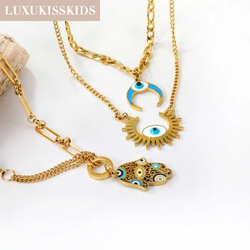 LUXUKISSKIDS Turkish Evil Blue Eyes Pendant Necklace Stainless Steel Double Layer Clavicle Chain Choker Hyperbole Chunky Jewelry