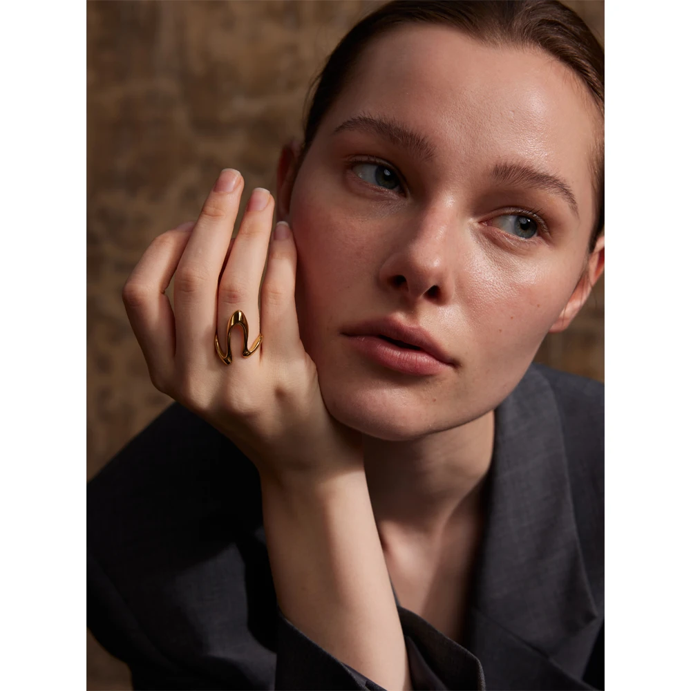 Yhpup Stainless Steel Metal U Shape Fashion Minimalist Adjustable Ring