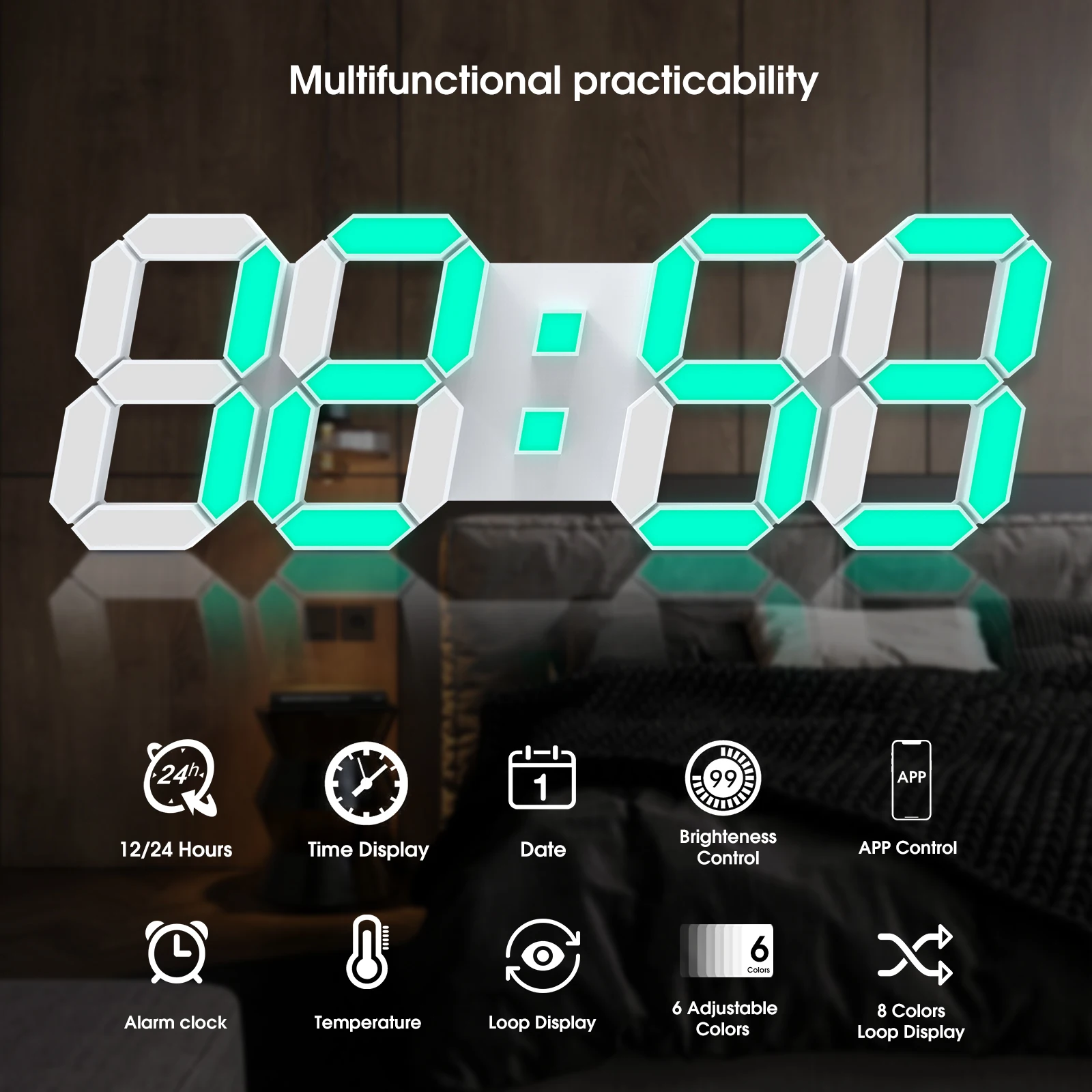 LED Digital Clock 3D Wall Clock Wall Snooze Table Calendar Thermometer 15Inch