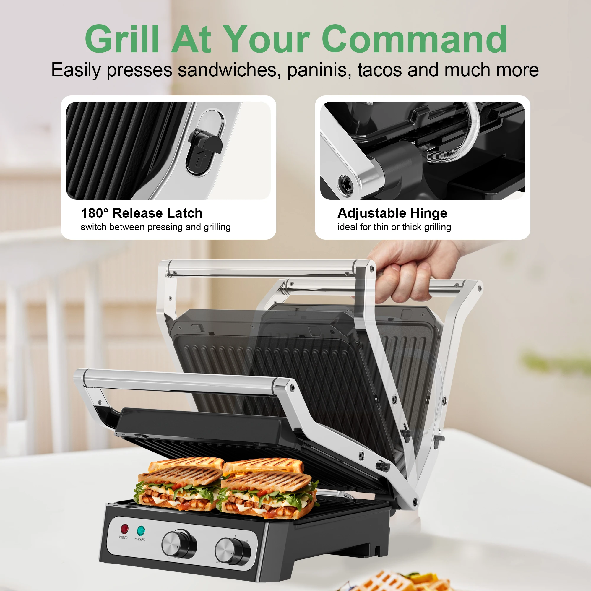 Electric Panini Press Sandwich Maker, 1500W Indoor Grill with Non-Stick Coated Plates, Temperature Control & Removable Drip Tray 2