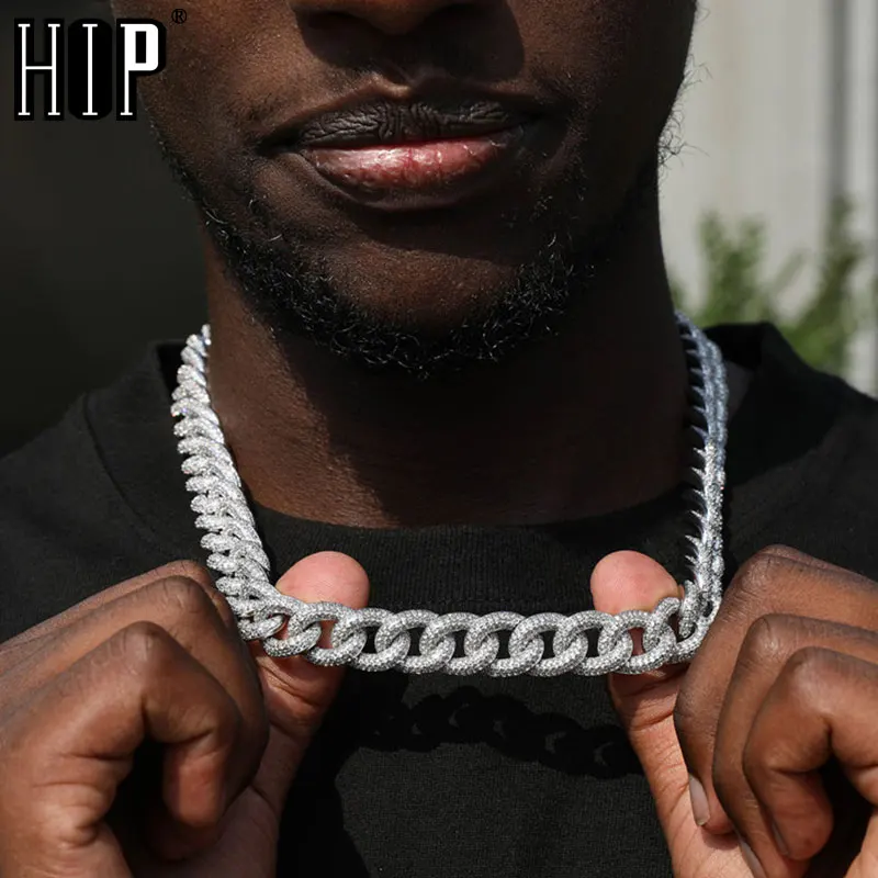 

Hip Hop 14MM Heavy Cuban Link Chain Brass Zircon Iced Out Chains CZ Prong Setting Necklaces For Men Women Jewelry