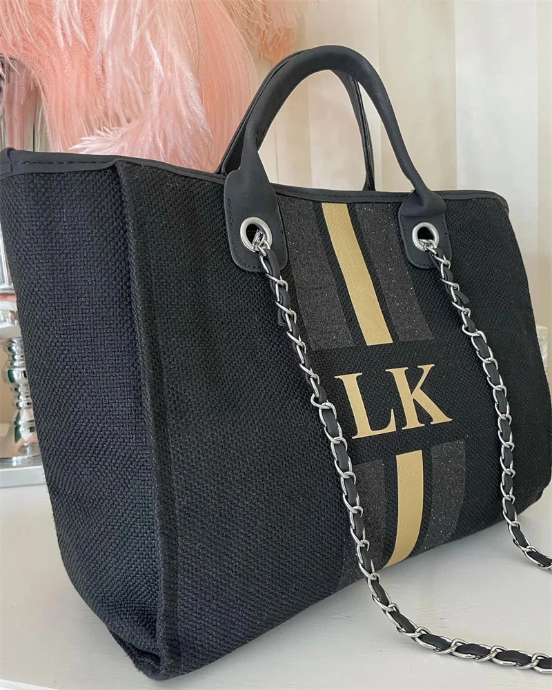 Monogram Tote Bag Canvas Customised Black Chain Handbag Personalised Gold Stripe Initials Beach Holiday