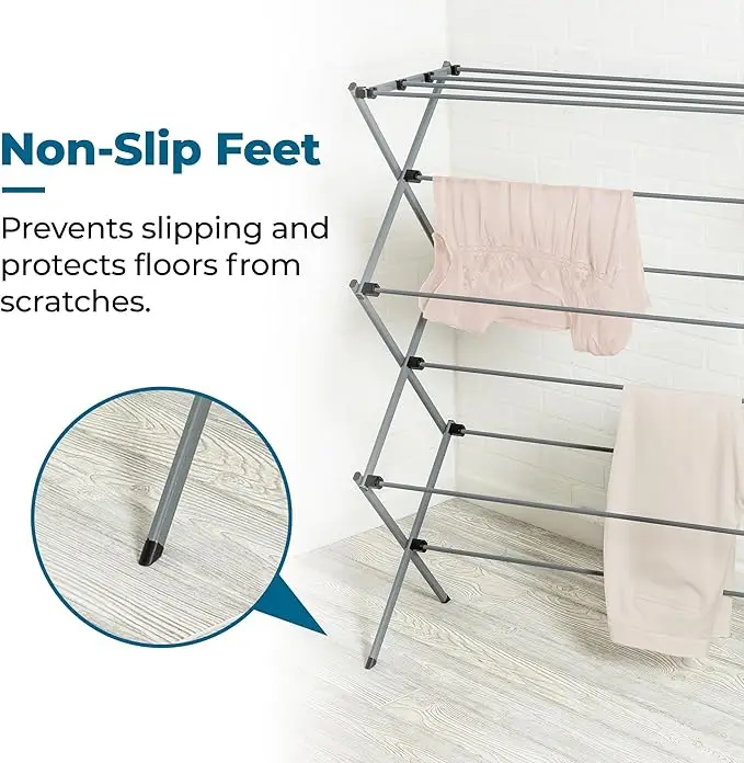 Collapsible silver drying rack with 50lb capacity. Sturdy steel, foldable for indoor/outdoor use. Space-saving and portable. 4
