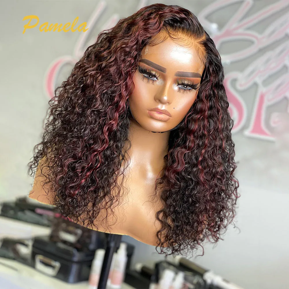 Highlight 30inch 250% Density Burgundy Curly Ombre 1b/99j 13x4 Transparent Lace Frontal Human Hair Glueless Wigs Ready To Wear
