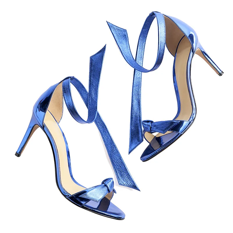 

Patent Leather Knot Strap Sandals Open Toe Thin High Heel Ankle Strap Solid Blue Rosy Red Silver Fashion Women Sandals