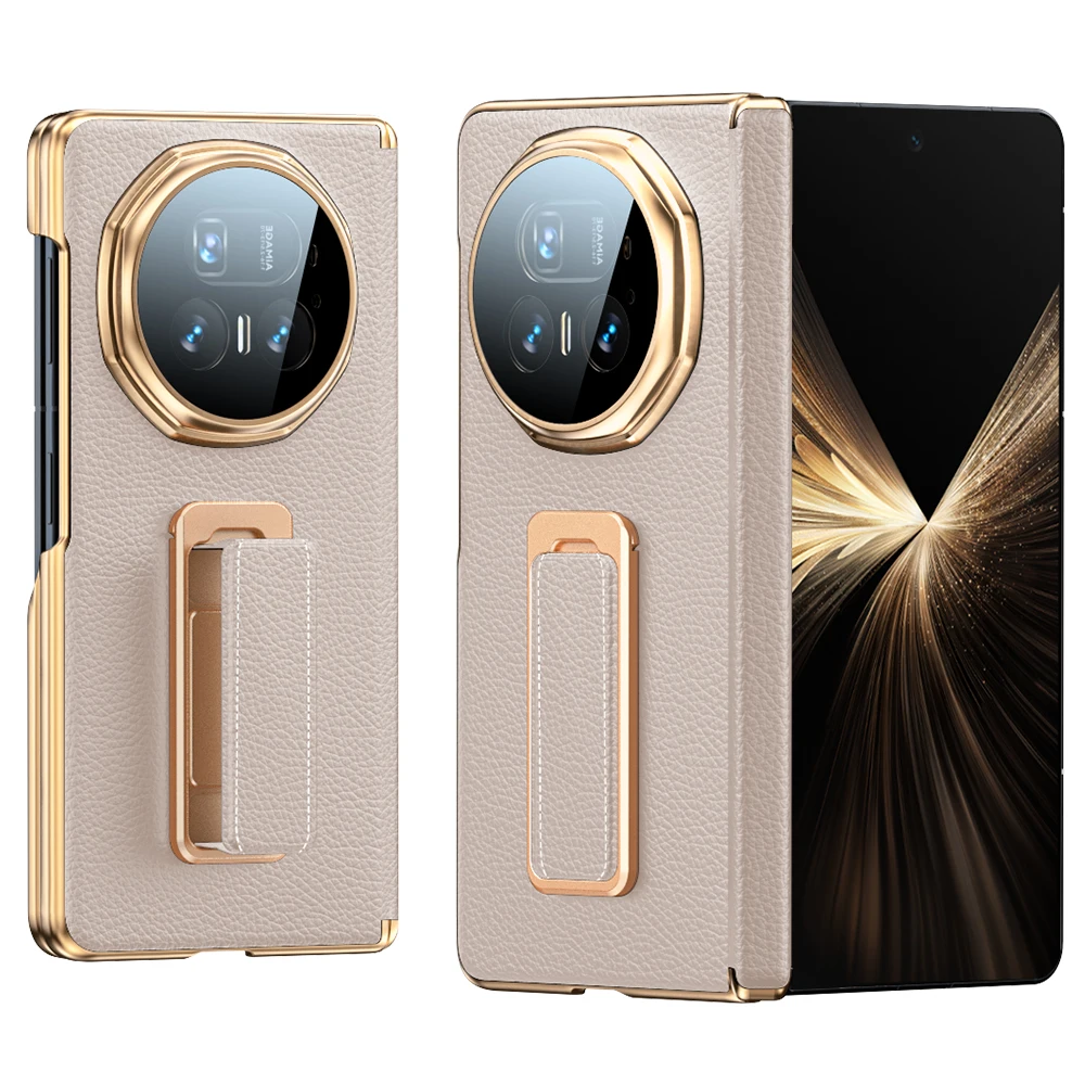 Premium White Genuine Leather Phone Case with Wrist Strap and Hidden Kickstand - Shockproof Design