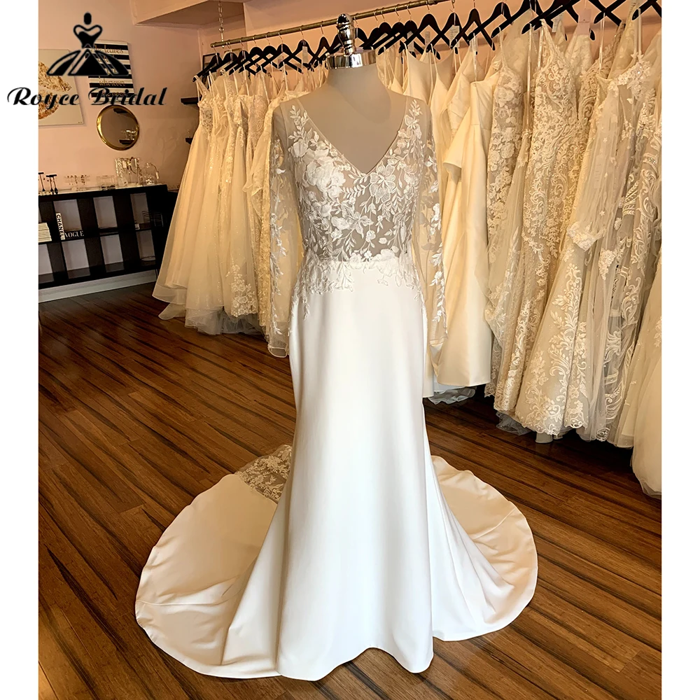 

Vintage Lace V Neck Long Sleeve Open Back Satin Mermaid Wedding Dress Custom For Women Boho Bridal Gowns Vestidos De Novia Robe