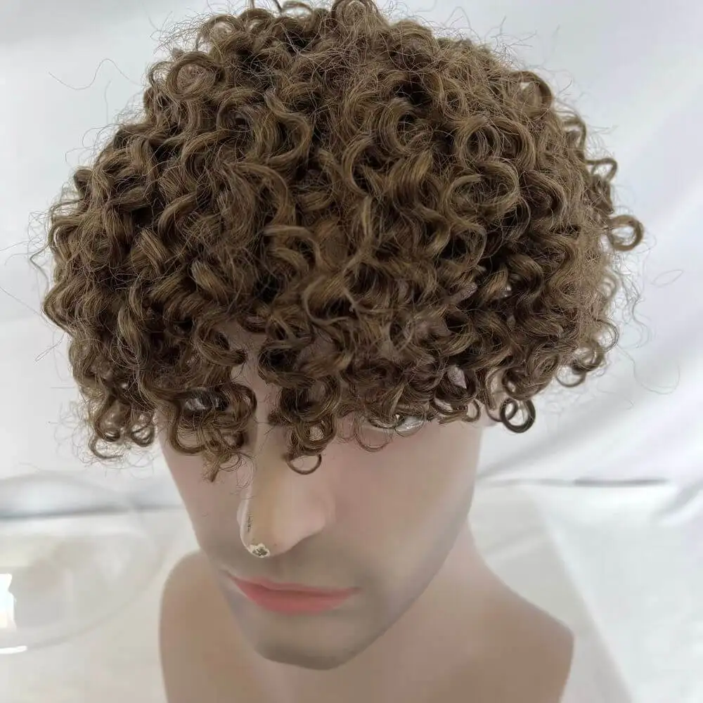 Pwigs Afro Curly Men Toupee Brown Color #4 Human Hair Wigs