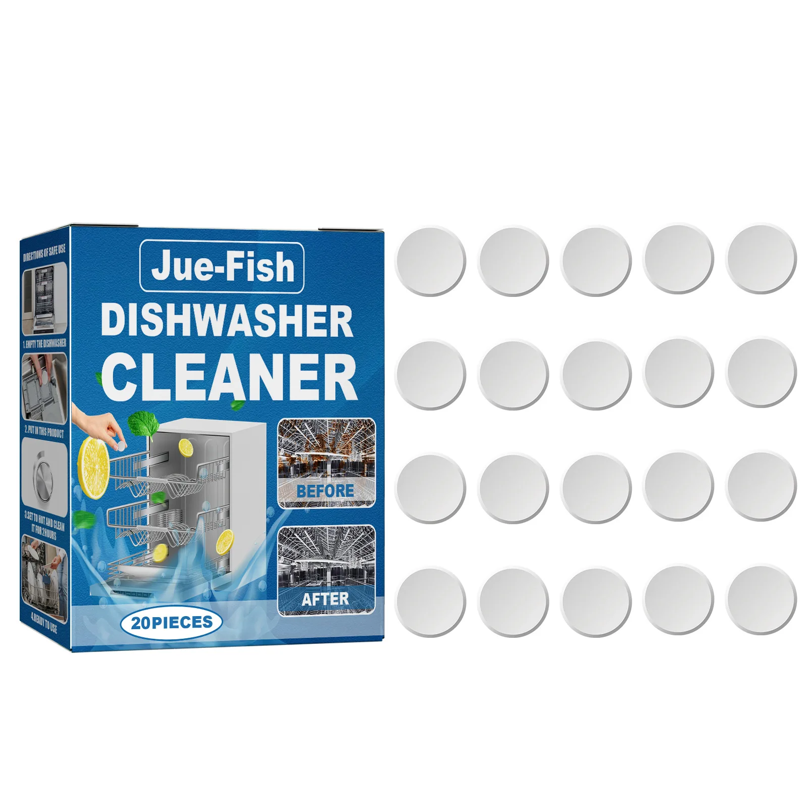 Jue Fish 20pcs Dishwasher Cleaner Tablet Clean Kitchen Tableware Removes Limescale Build Oil Stain Dishwasher Washing Tablets