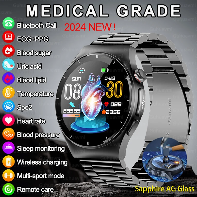 2024New Ecg Ai Diagnosi Medica Smart Watch Men Full Touch Screen Blood Sugar Blood Lipid Bluetooth Call Smartwatch Sport Clock