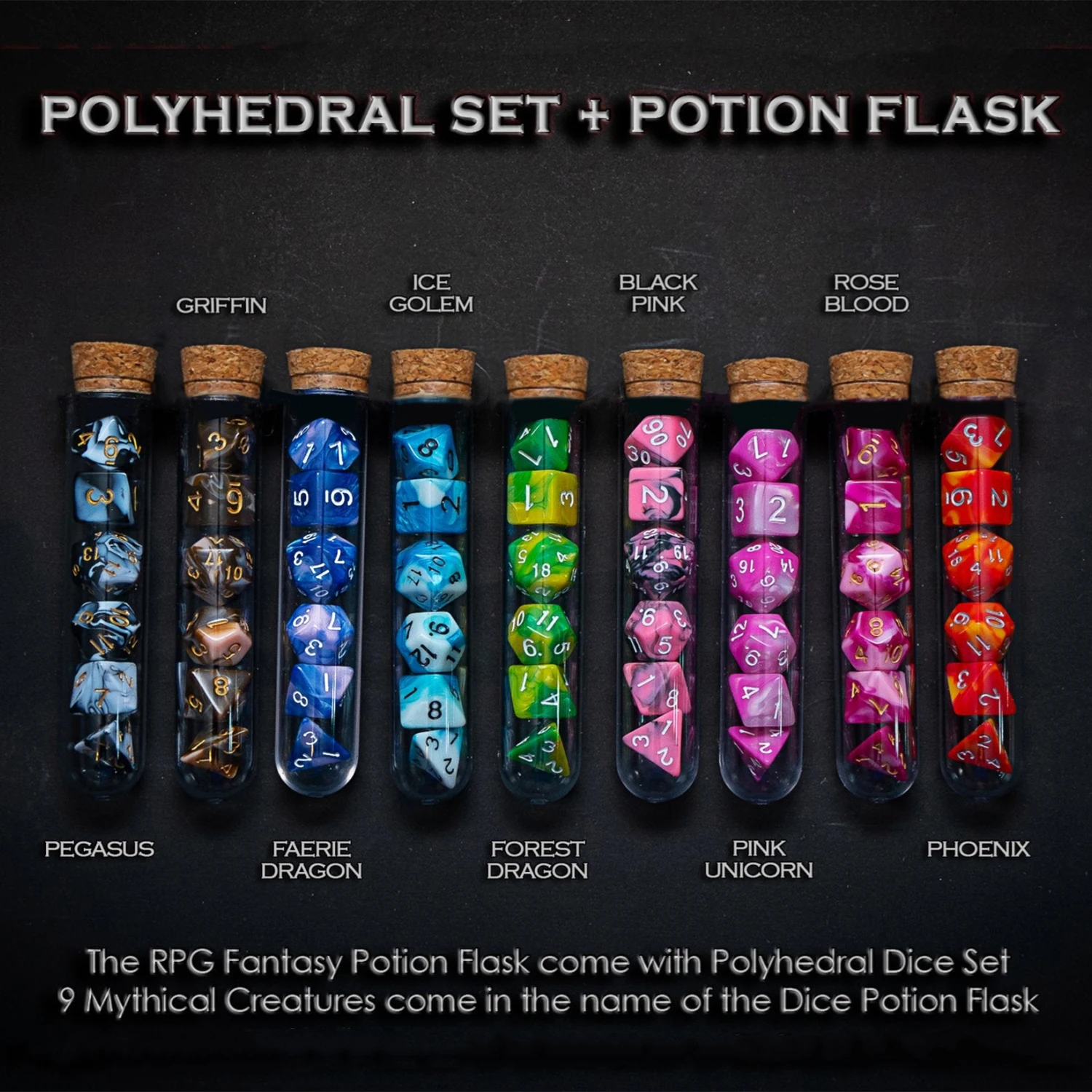 Mythology Polyhedral D&D COC Dice Set 7Pcs/Set RPG Fantasy Potion Flask | DND Dungeons and Dragons Dice Set for Table Games dragons coloring book featuring magnificent dragons beautiful princesses and mythical landscapes for fantasy lovers 25 page