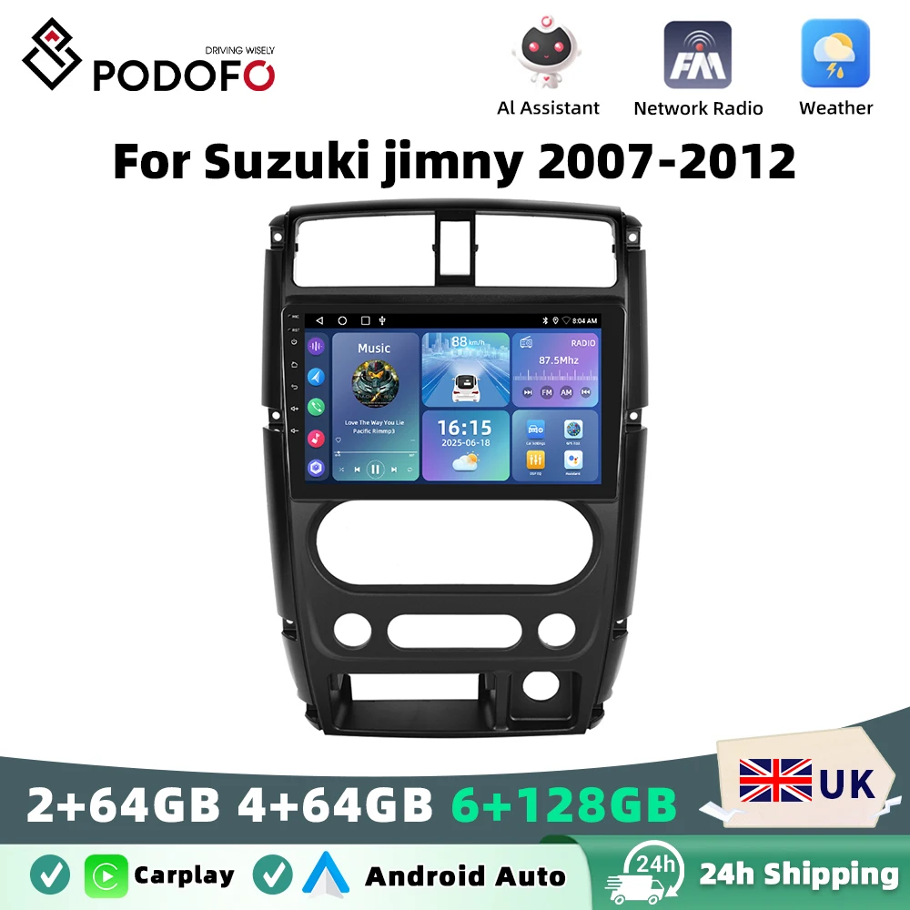 Podofo Android Car Radio For Suzuki jimny 2007-2012 Carplay Android Auto Multimedia Player GPS Navigation RDS Head Unit