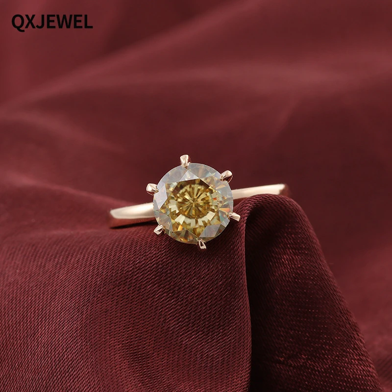 

QXJEWEL 6 Prongs Moissanite Ring 3 Carat Yellow Round Shape 10k Soild Gold For Women Engagement Fashion Jewelry