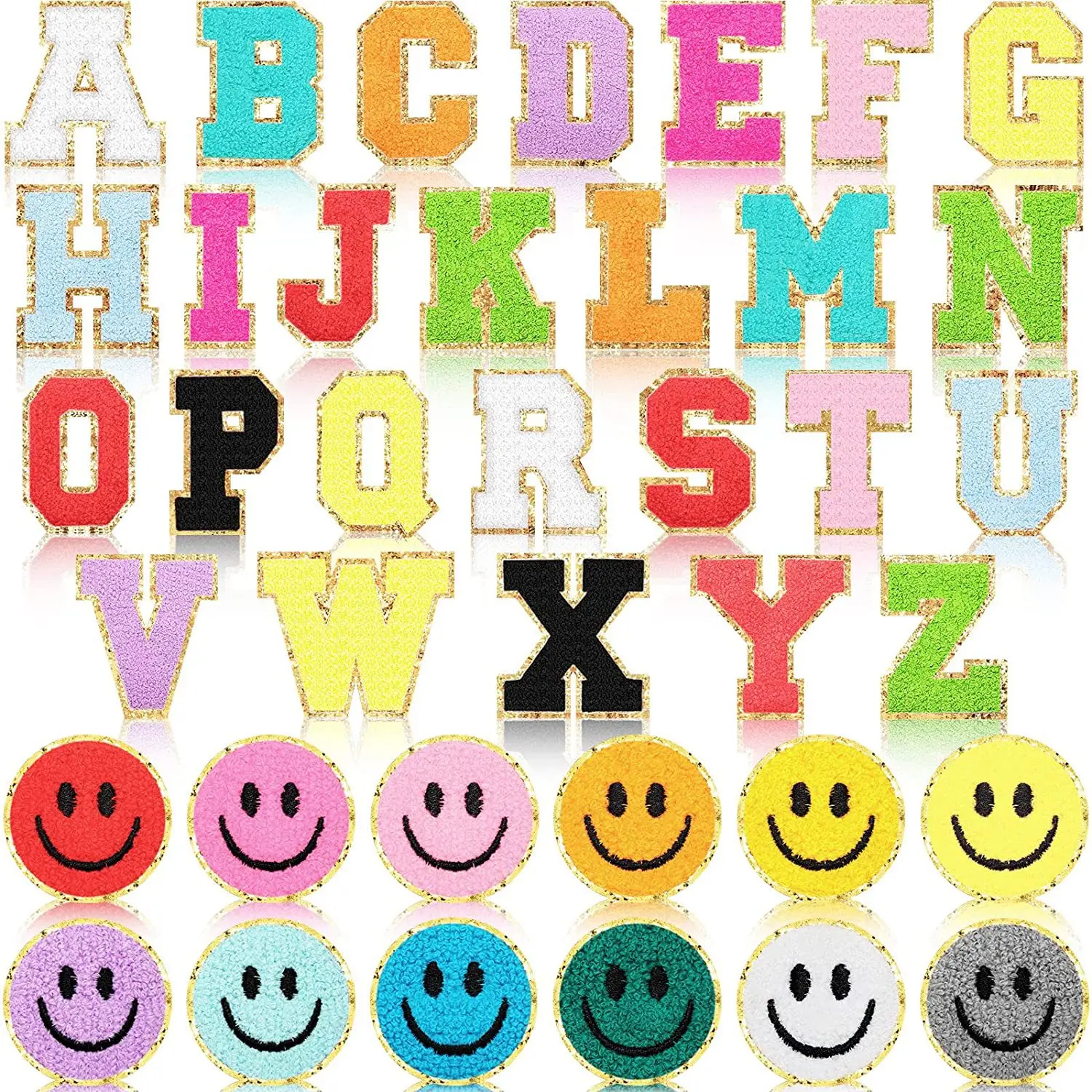 

39Pcs Set of DIY Sew Iron and Iron Color Glitter Gold Edge Patches Embroidered Smiley Lightning Stickers for School Bag Decals