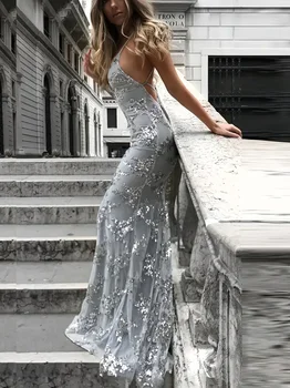 Elegant Sequin Mermaid Evening Gown Women - V-Neck Sleeveless Open Back Lace Wedding Dress Vintage Formal Gowns for Party 3