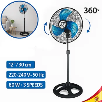 Ventilatore industriale da terra 12 pollici 60W oscillante a 360 gradi 3 velocità altezza regolabile base robusta ideale per casa ufficio camera da letto approvato CE 1