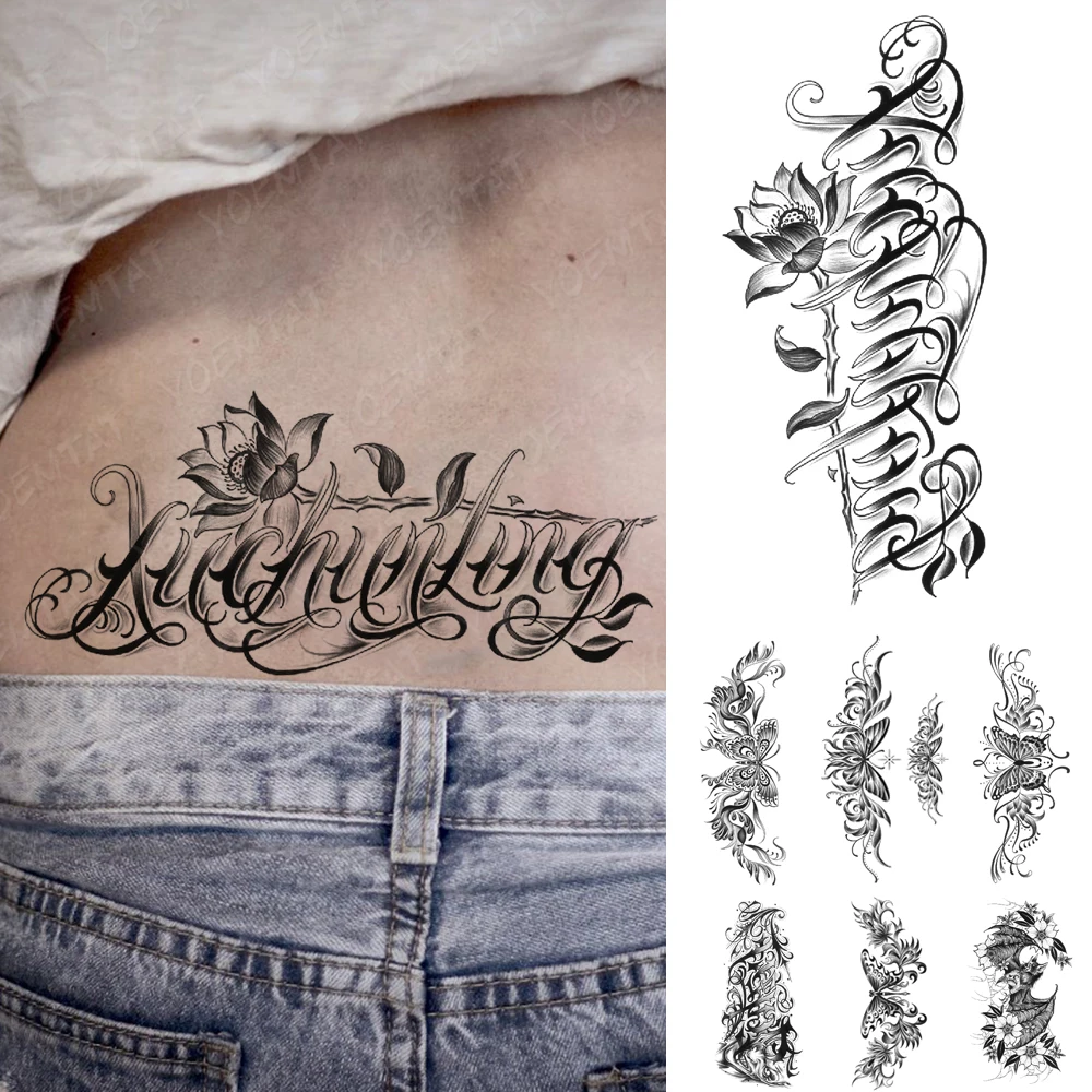 

Gothic Waterproof Temporary Tattoo Sticker Lotus Word Letter Text Butterfly Women Arm Waist Tatoo Body Art Black Fake Tatto Men