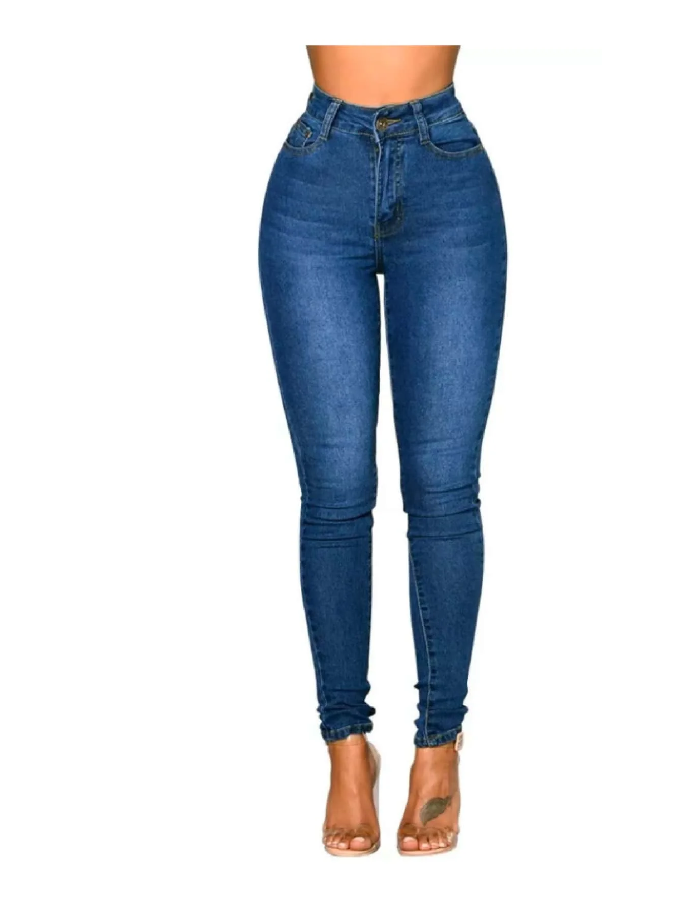 Blue Basic High Waist Stretch Skinny Jeans Denim Pants