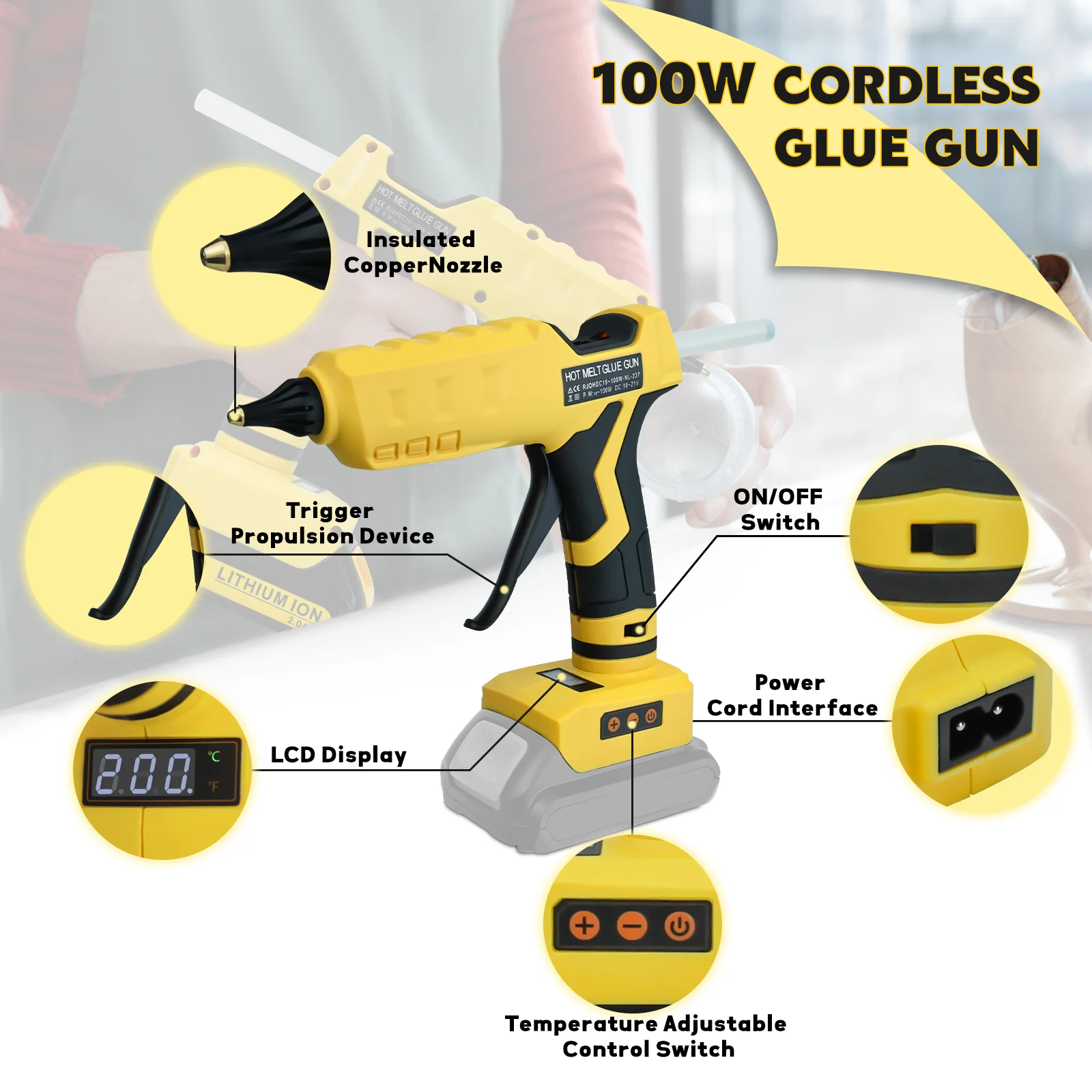 100W hot glue gun 200℃ max temp adjust dual power supply glue gun with 10pcs 11mm sticks for Dewalt 20V battery(No battery)