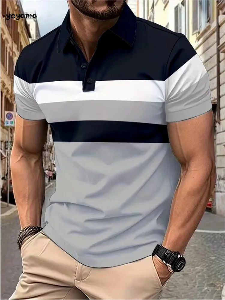 Men's Fashion Polo Shirt Simple Striped Printed Short-sleeved Shirt Summer Men's Business Casual Breathable Versatile Clothing 15 A303a10e3be624c798ba1aa4fc206ea43a