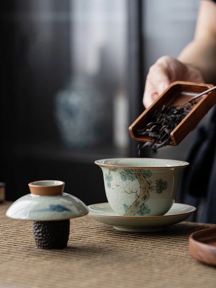 Hand Painted Pine Antique Ceramic Opening Gaiwan Tea Tureen Teaware Set Chinese Tea Bowl Chawan Cup