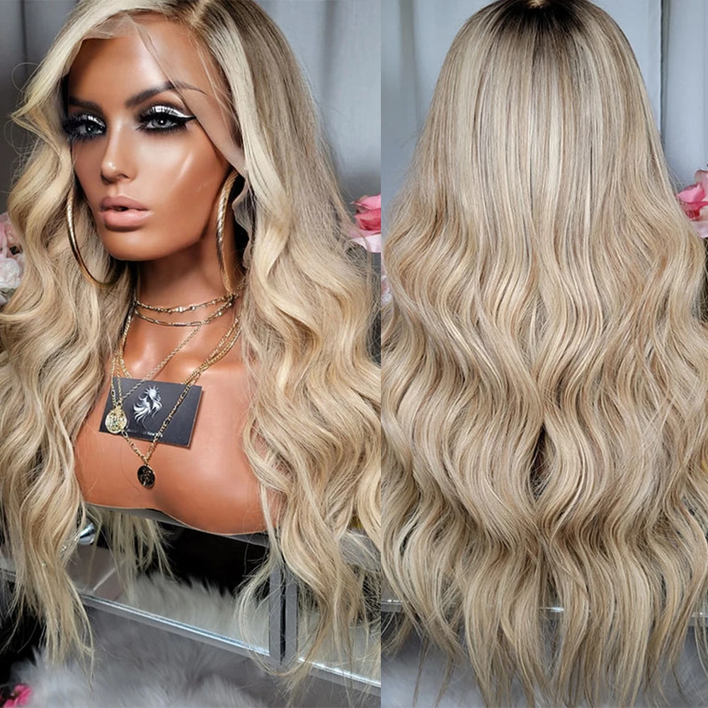 

Luxury Virgin Human Hair Warm Blonde Balayage Light Ash Root Full Lace Wig 200 density Premium Lace Front Wig HD 6" Lace Parting