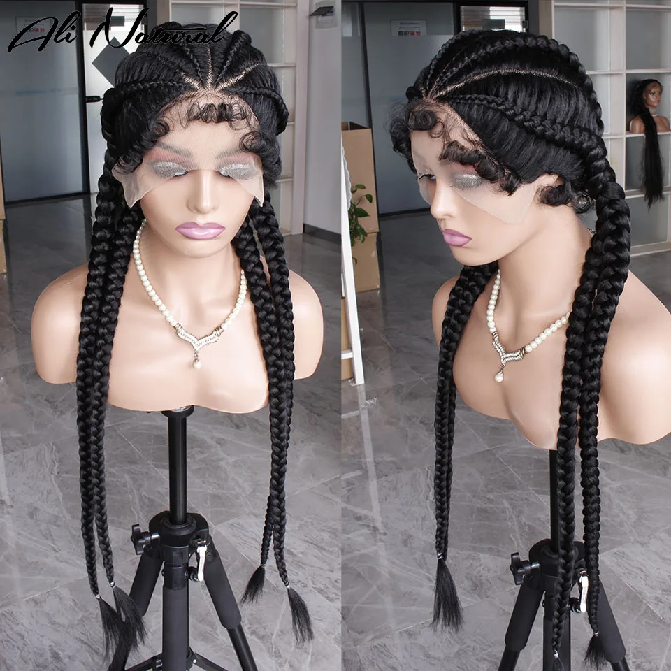 Synthetic Long Braided Lace Wigs Ombre 99j Burgundy Cornrow Box 4 Braids Wig  With Baby Hair For Black Women Glueless Afro Wig