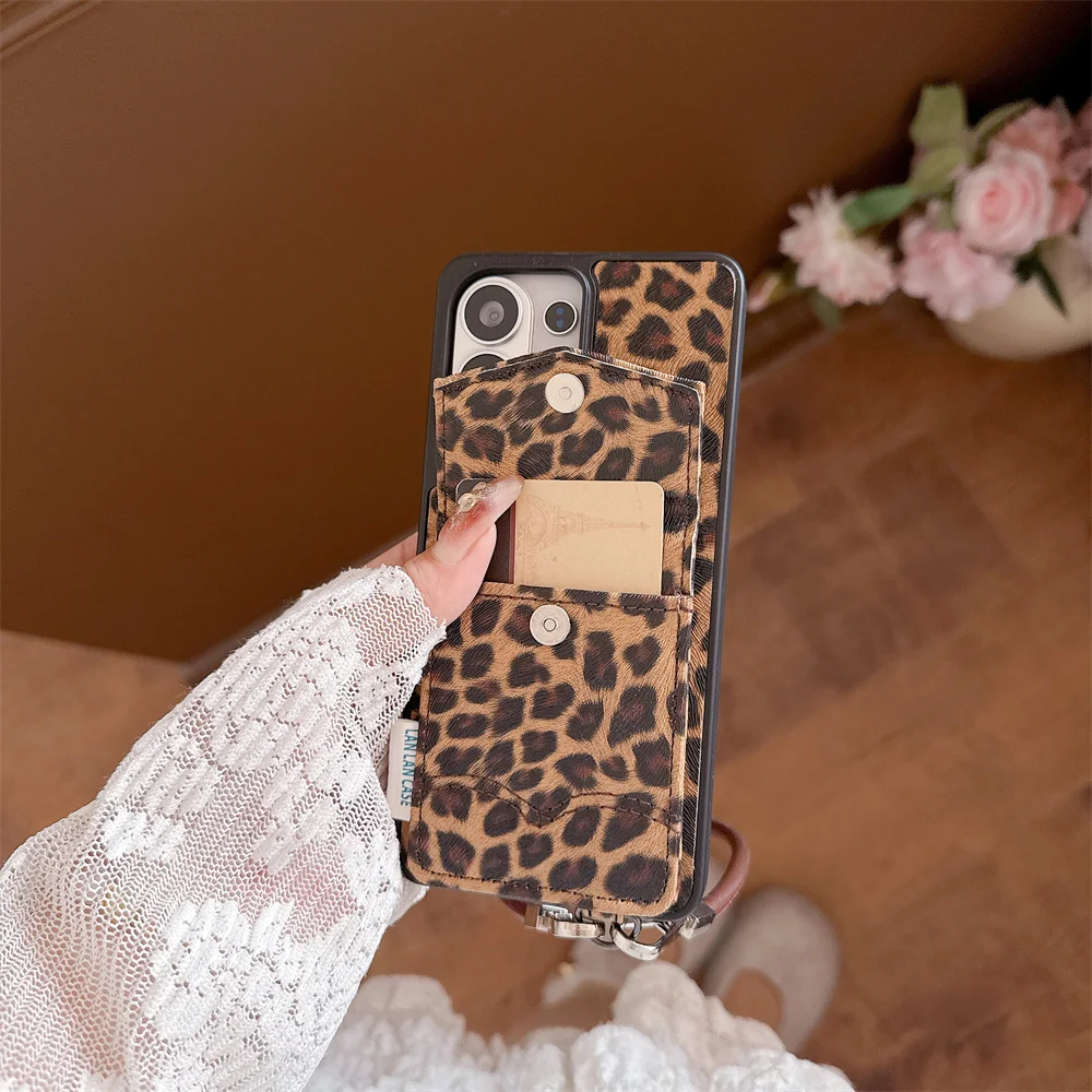 Luxury Leather Leopard Phone Case with Card Holder and Chain Design