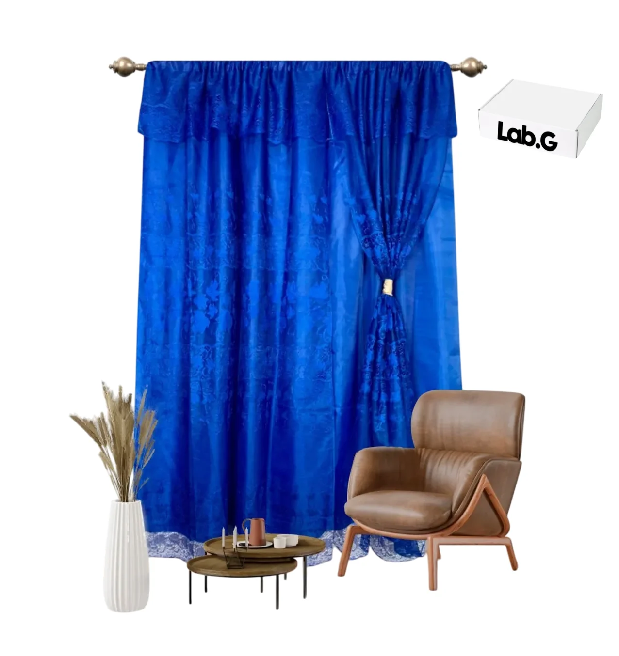 Cortina De Encaje Doble Lab.G Hoja 2m Alto X 2.60m De AZUL