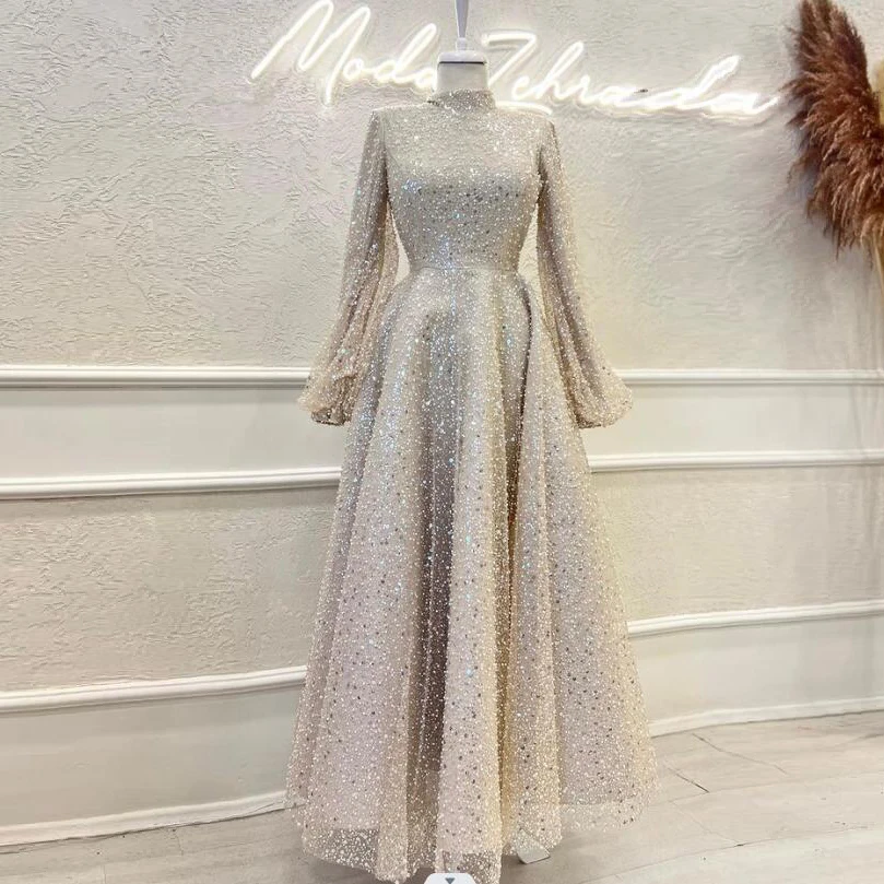 Customized Luxury Hijab Dresses Muslim Women Formal Evening Gowns High Neck  Long Sleeves Prom Robe Beads Wedding Party Outfit - AliExpress 320